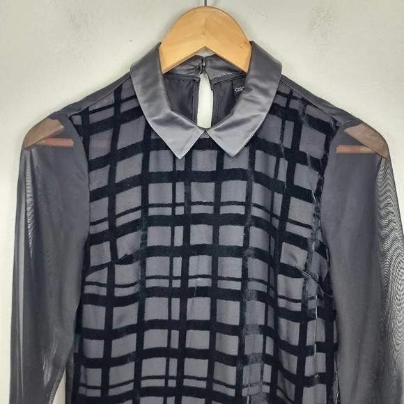 Asos Petite Swing Dress In Velvet Check With Leather Look Collar‎ Black Size 2 - Picture 10 of 12